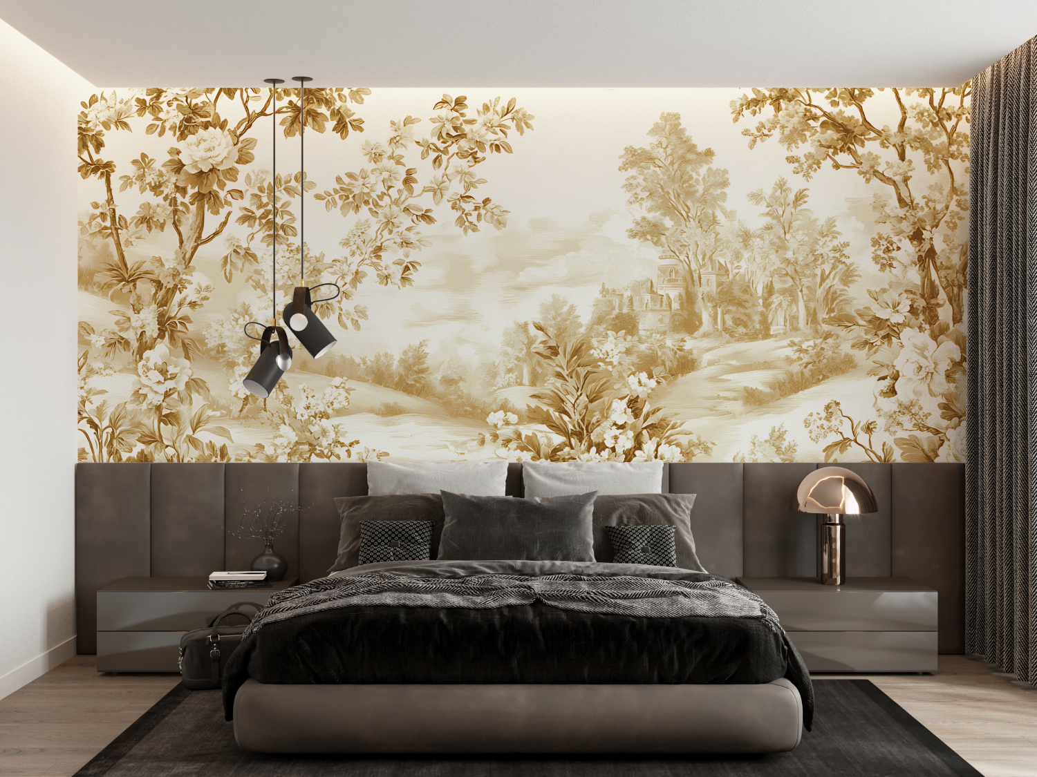 Papier Peint Toile De Jouy Beige Jaune - trompe l'oeil