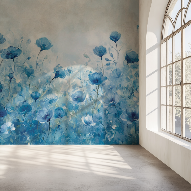 Papier peint fleur bleue mur simple