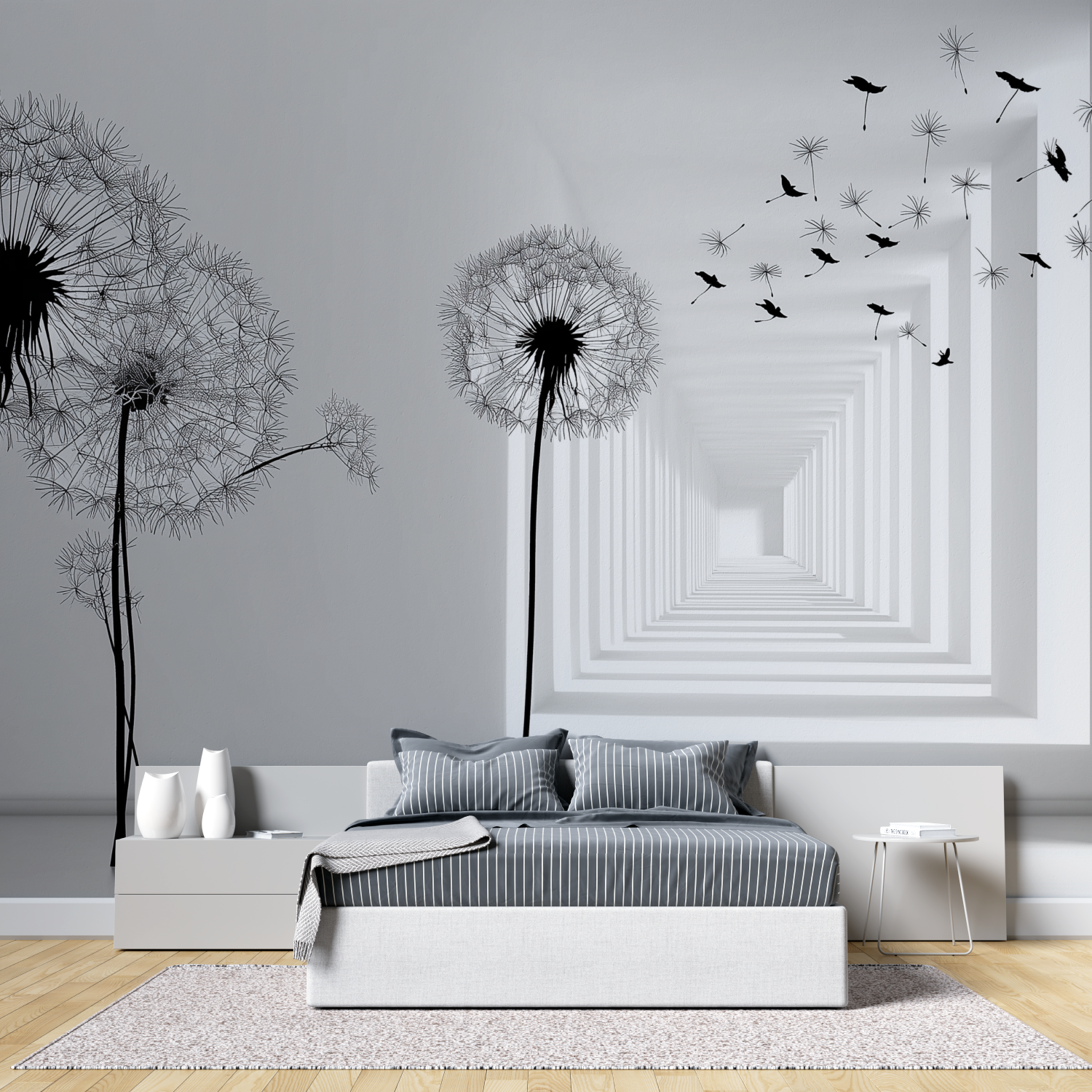 Black and white illlusion mural wallpaper tete de lit