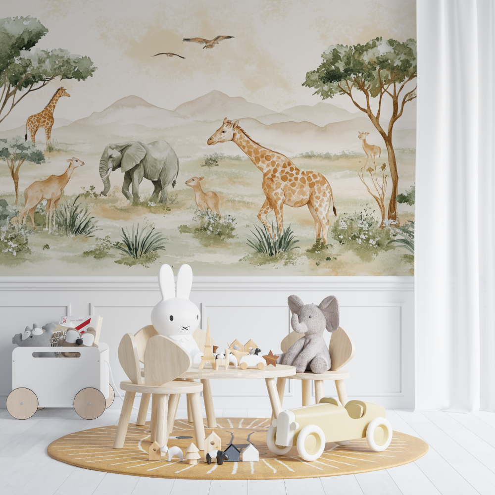 Papier peint savane girafe et co chambre de bebe