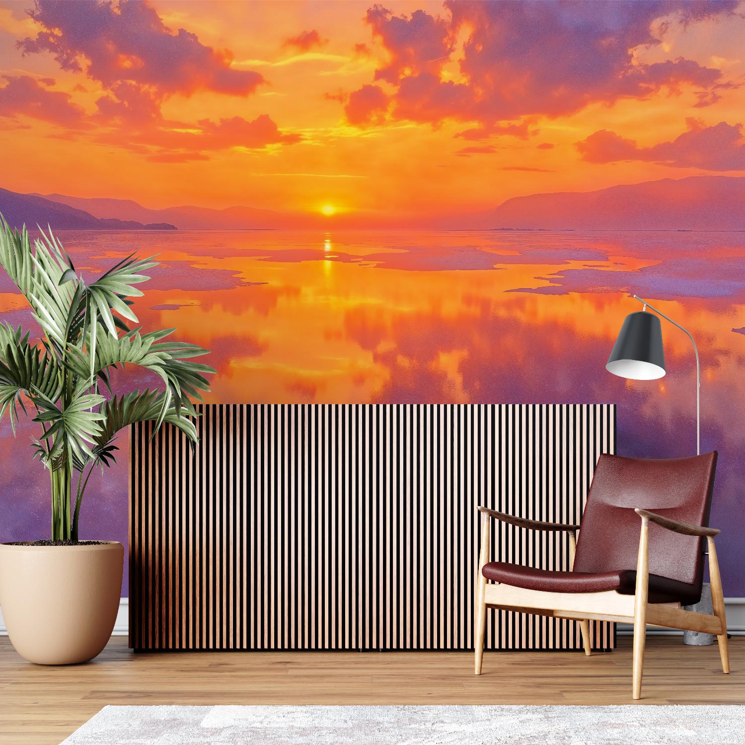 Papier peint aquarelle coucher soleil sur mesure