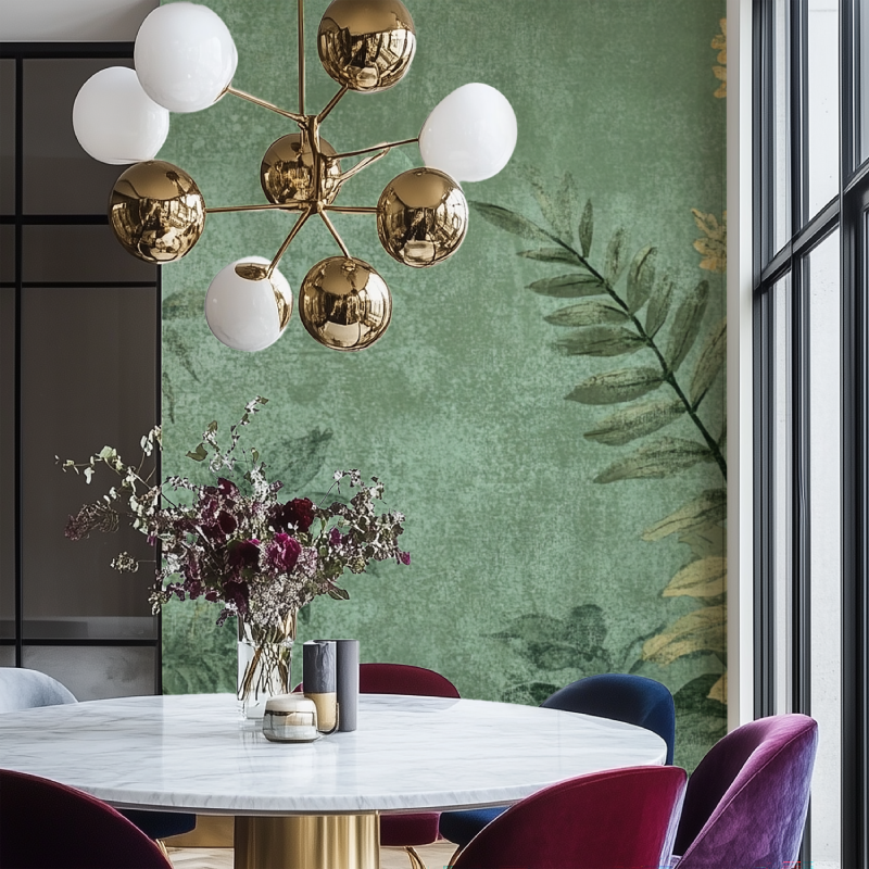 Papier peint vintage kaki salon chaise