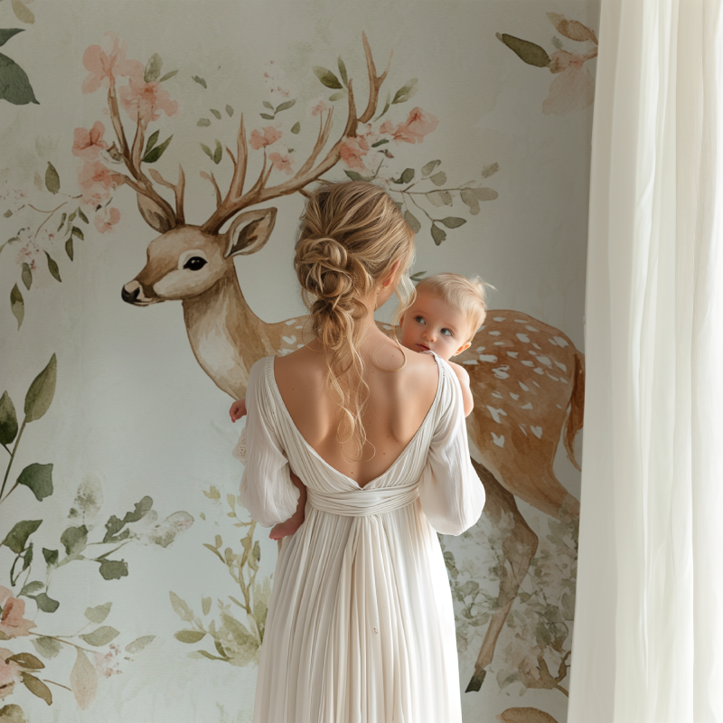 Papier peint motif cerf et fleur bb123
