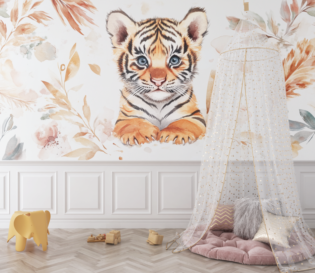 Papier peint tigre et plumes bohemes bebe