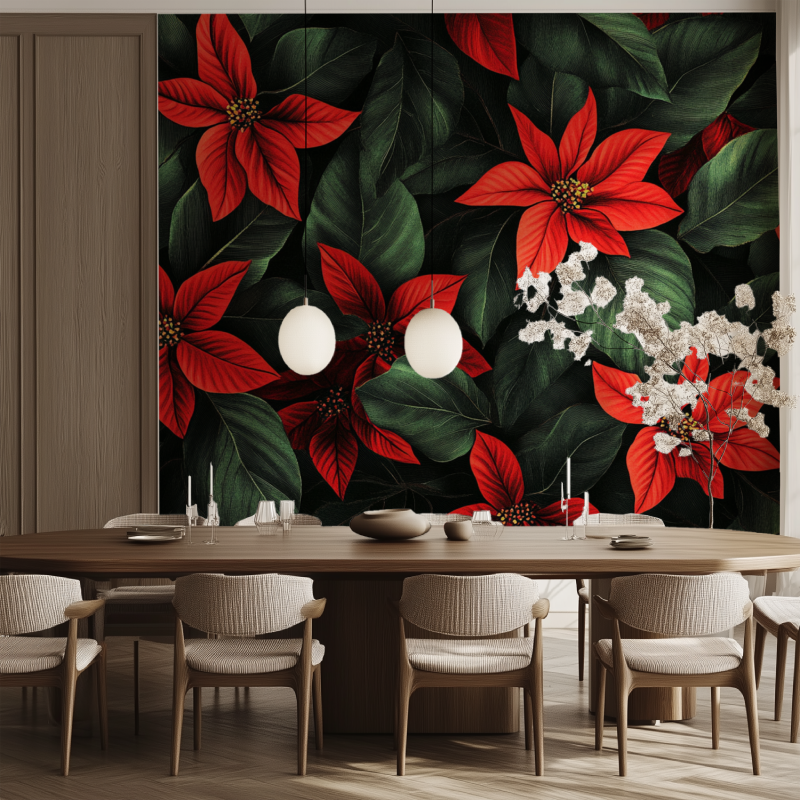 Papier peint fleur rouge salle manger tendance