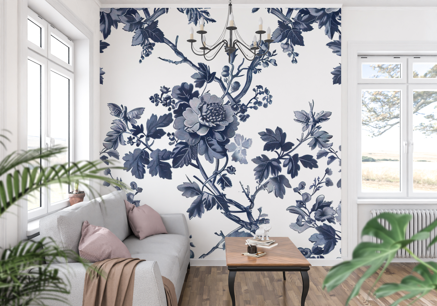 Papier Peint Toile De Jouy Fleuri Noir - tapisserie
