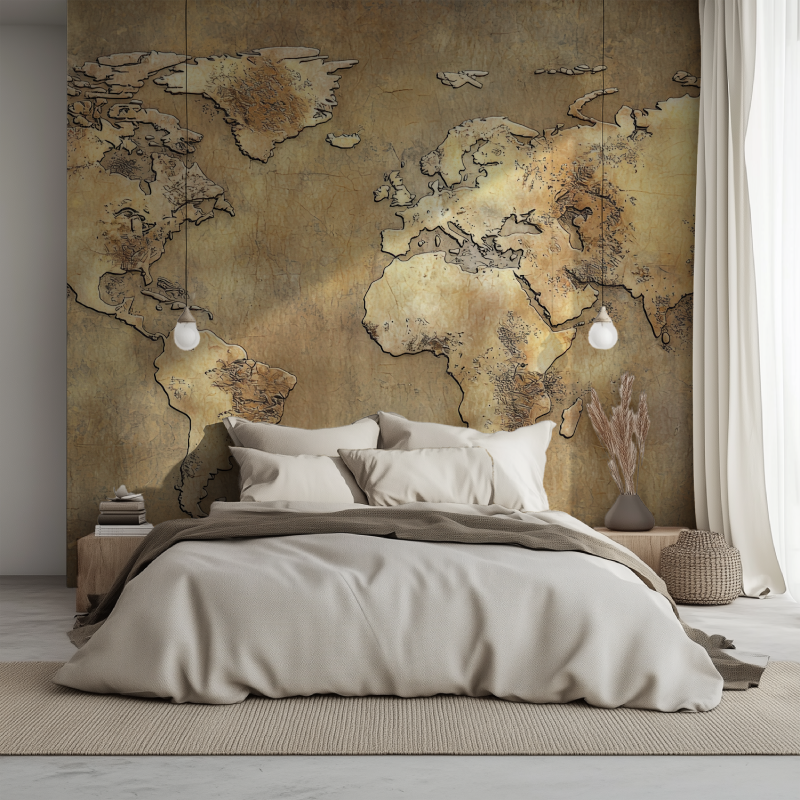 Papier peint vieilli carte du monde lit 1234