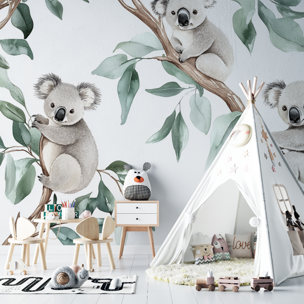 Papier peint koala suspendu a une branche chambre bebe