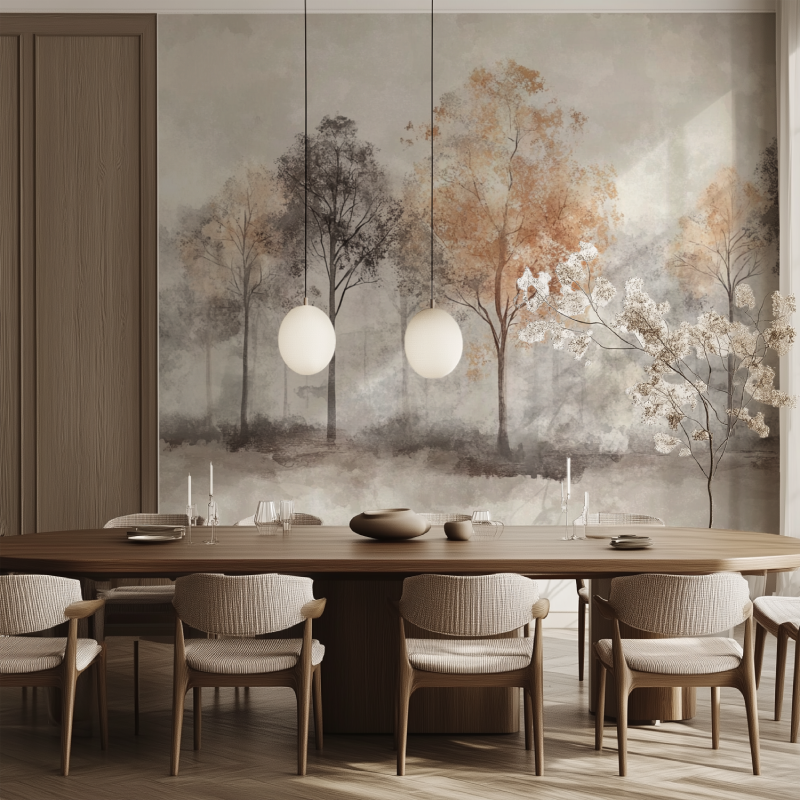 Papier peint arbre gris et marron salle manger tendance