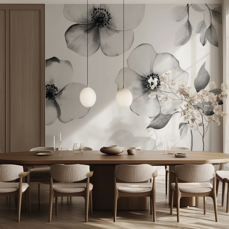 Papier peint fleur blanc salle manger tendance