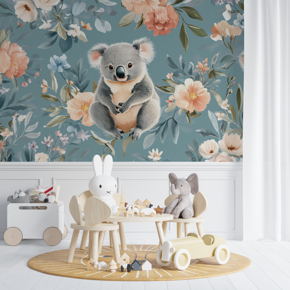 Papier peint koala et tapis de fleurs chambre de bebe
