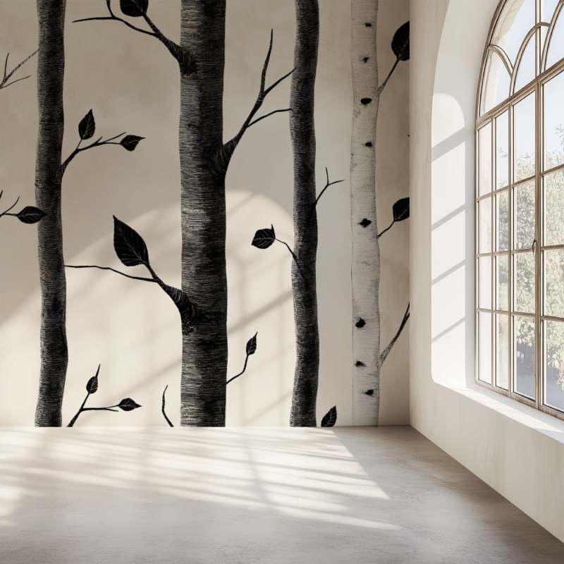 Papier peint arbre bouleau noir et blanc mur simple