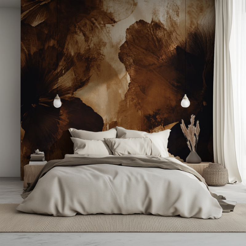 Papier peint fleur marron lit 1234
