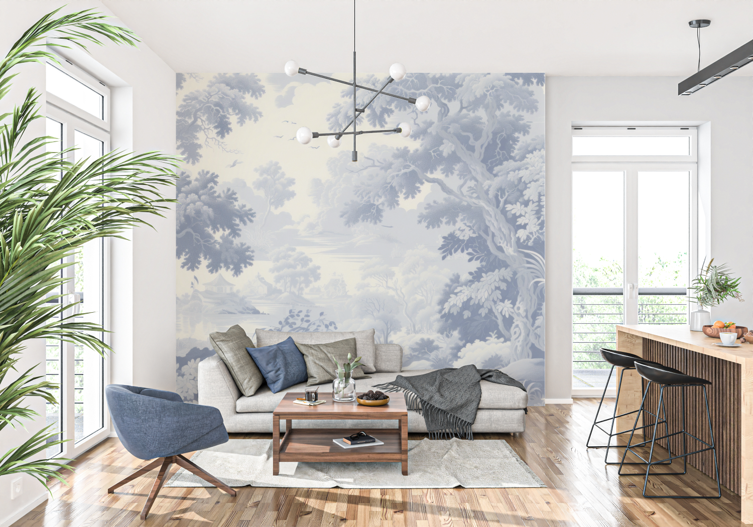 Papier Peint Toile De Jouy Toile Bleu - panoramique tendance