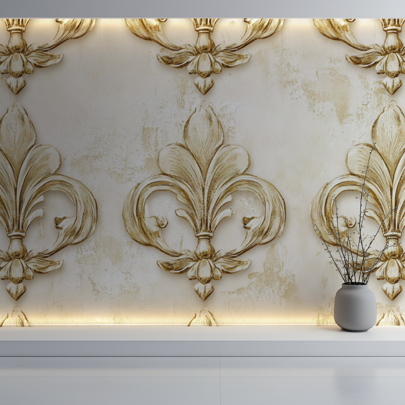 Papier peint vintage fleur de lys mur blanc