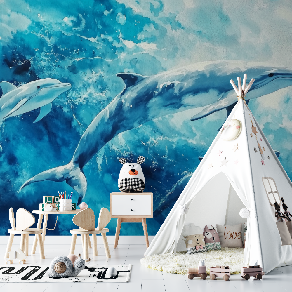 Papier peint baleine et dauphins chambre bebe