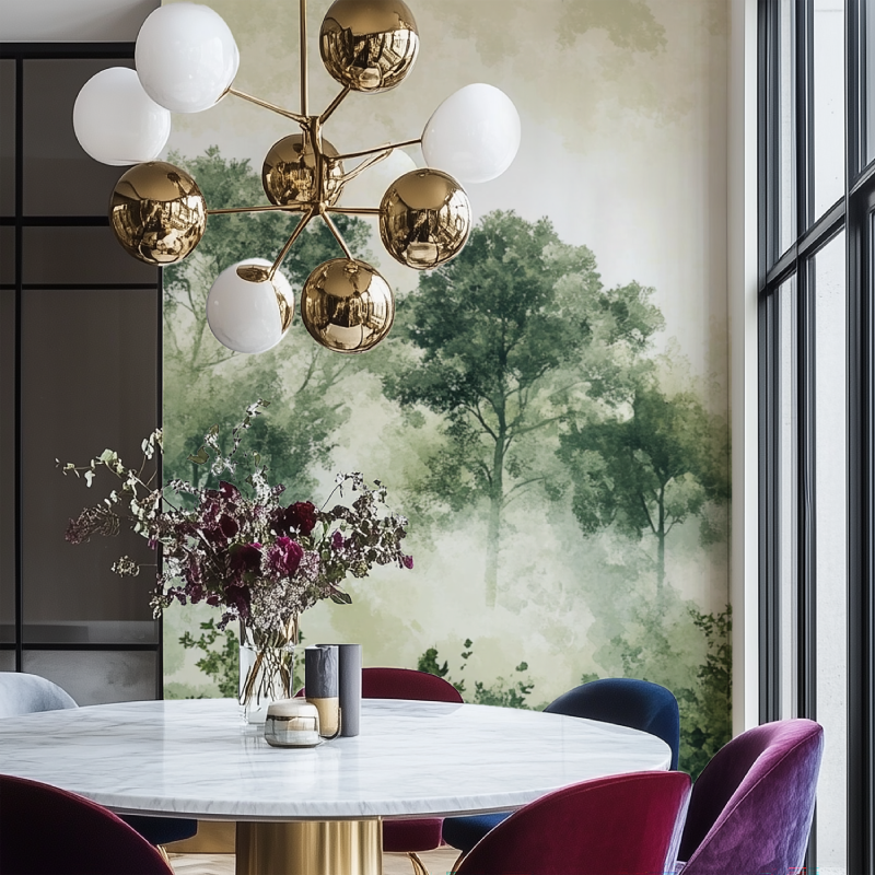 Papier peint arbre vert salon chaise