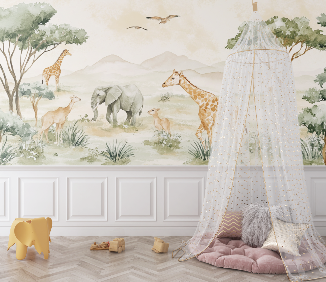 Papier peint savane girafe et co bebe