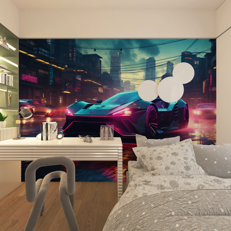 Papier peint voiture de sport en neon chambre adolescents