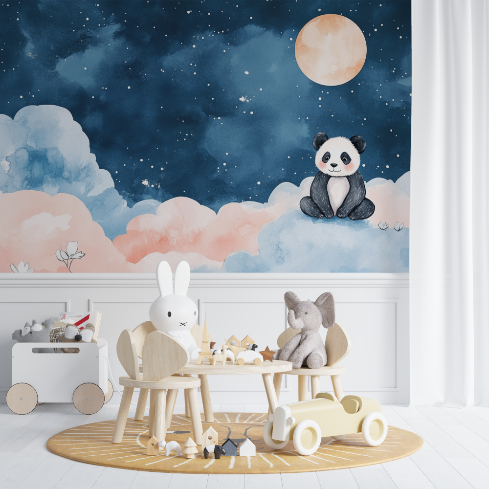 Papier peint panda et lune chambre de bebe