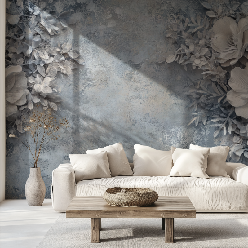 Papier peint vintage gris bleu pale canape tendance