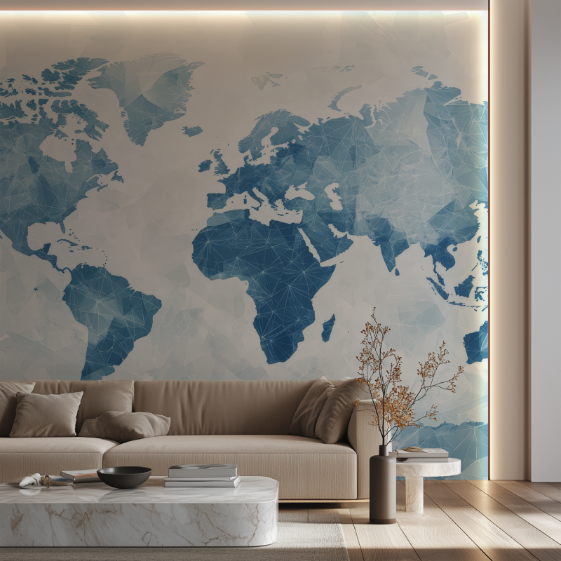 Papier peint carte du monde bleu canape neon
