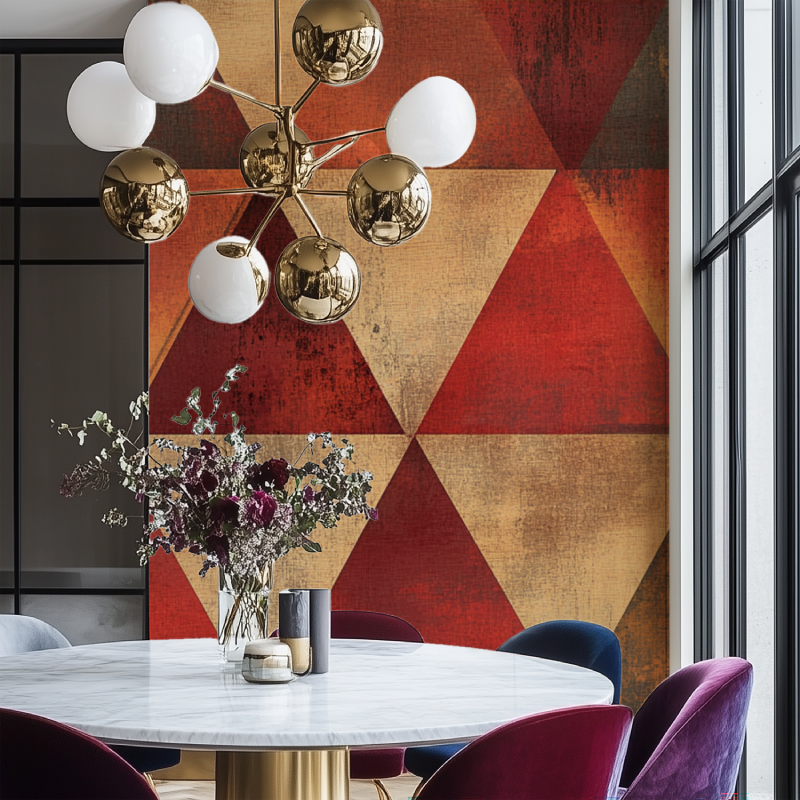 Papier peint vintage triangle rouge salon chaise