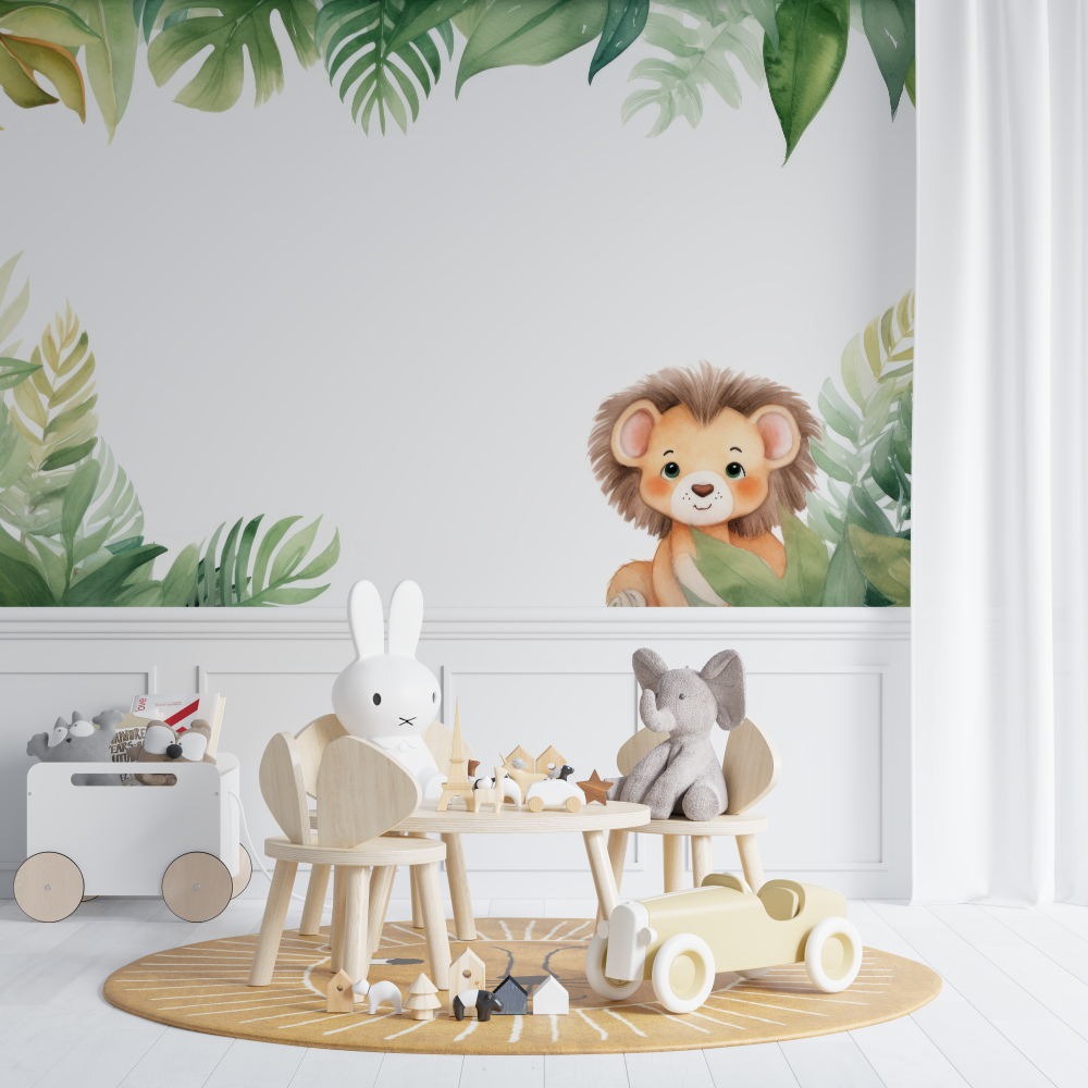 Papier peint lion et feuillage tropical chambre de bebe