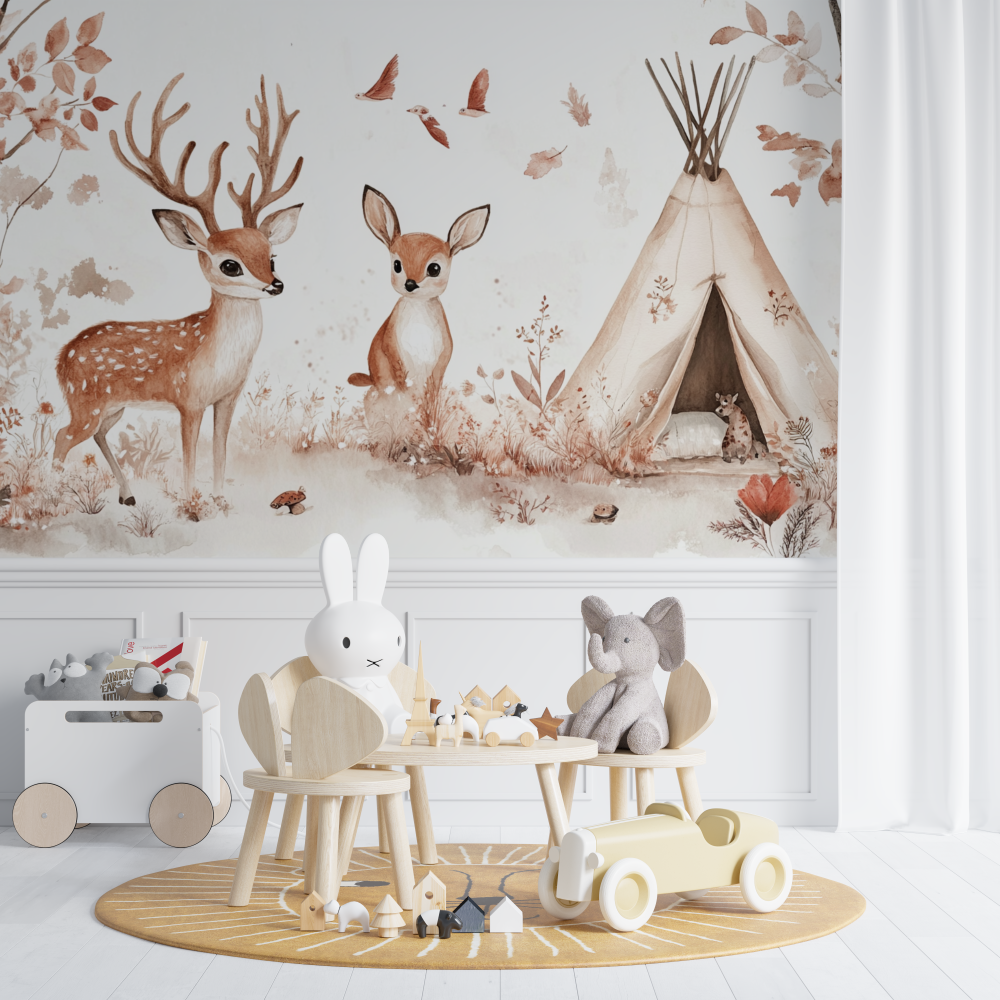 Papier peint foret et tipi bebe chambre de bebe