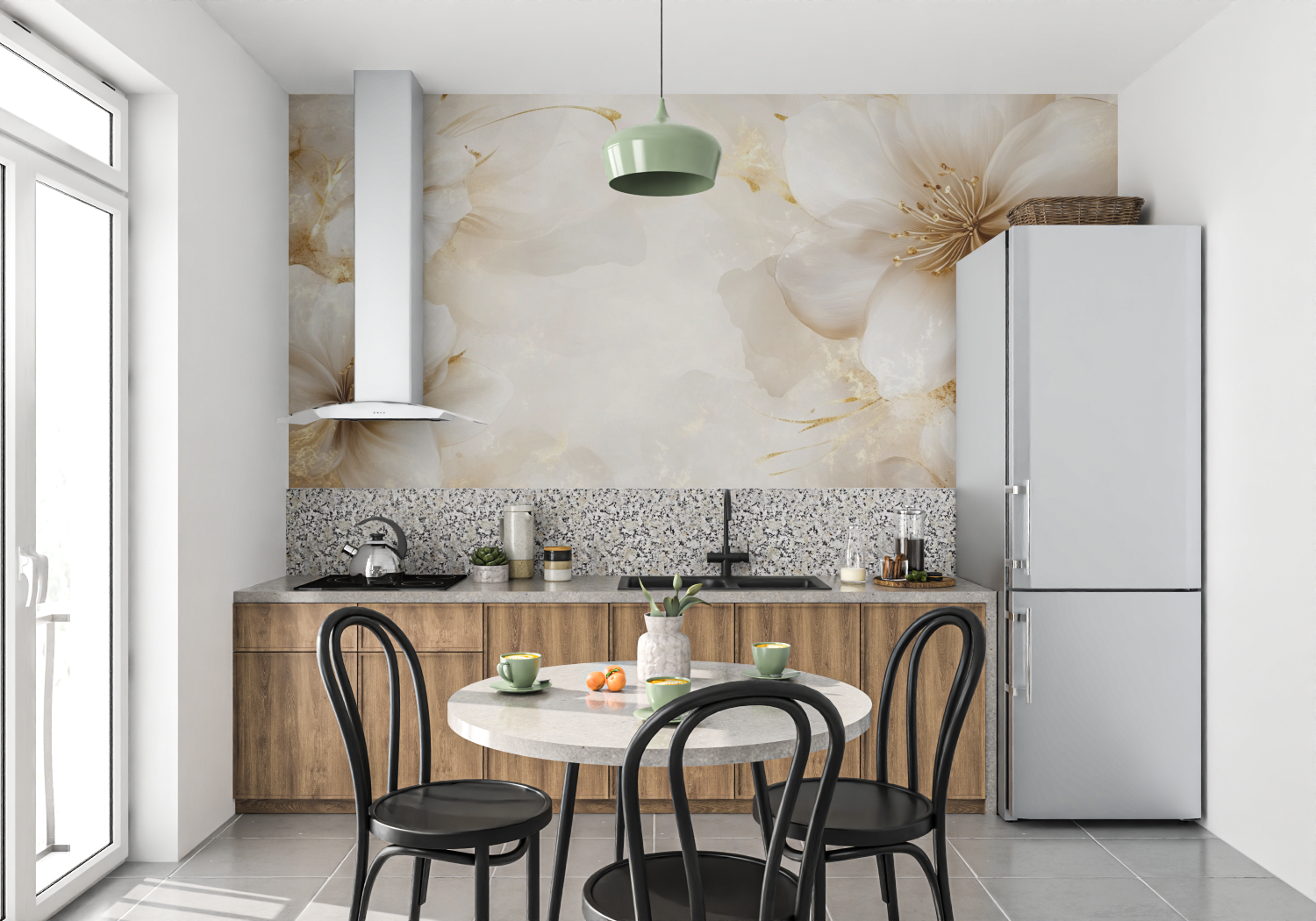 Papier peint fleurs transparences beige et dore mur cuisine