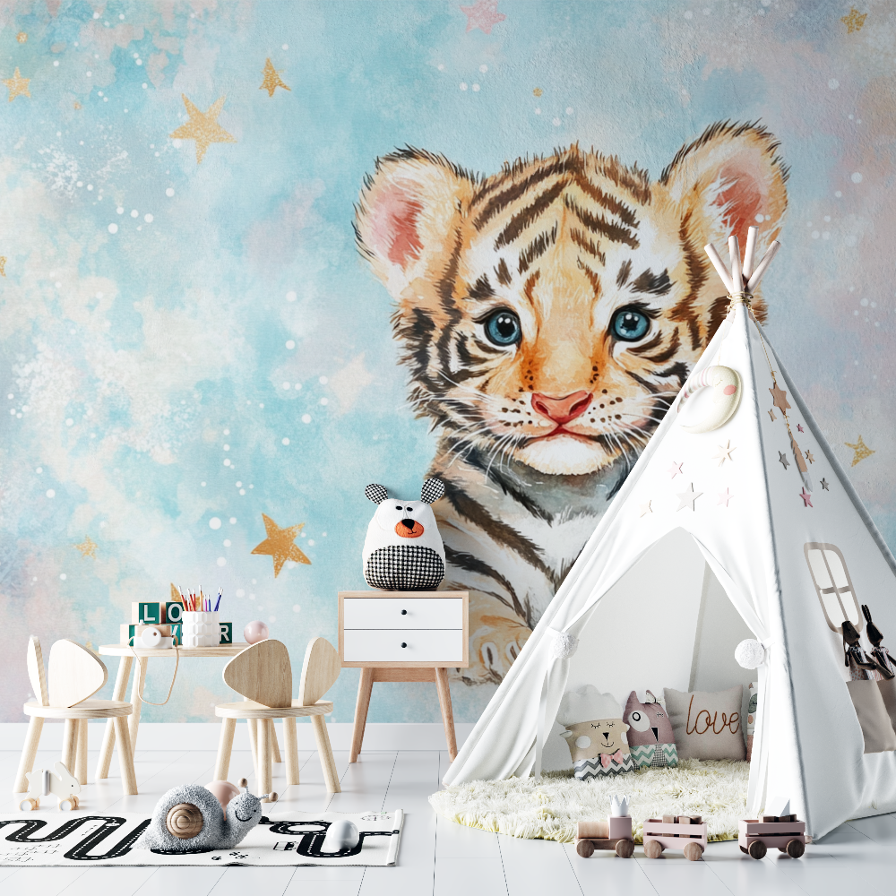 Papier peint tigre et etoiles chambre bebe