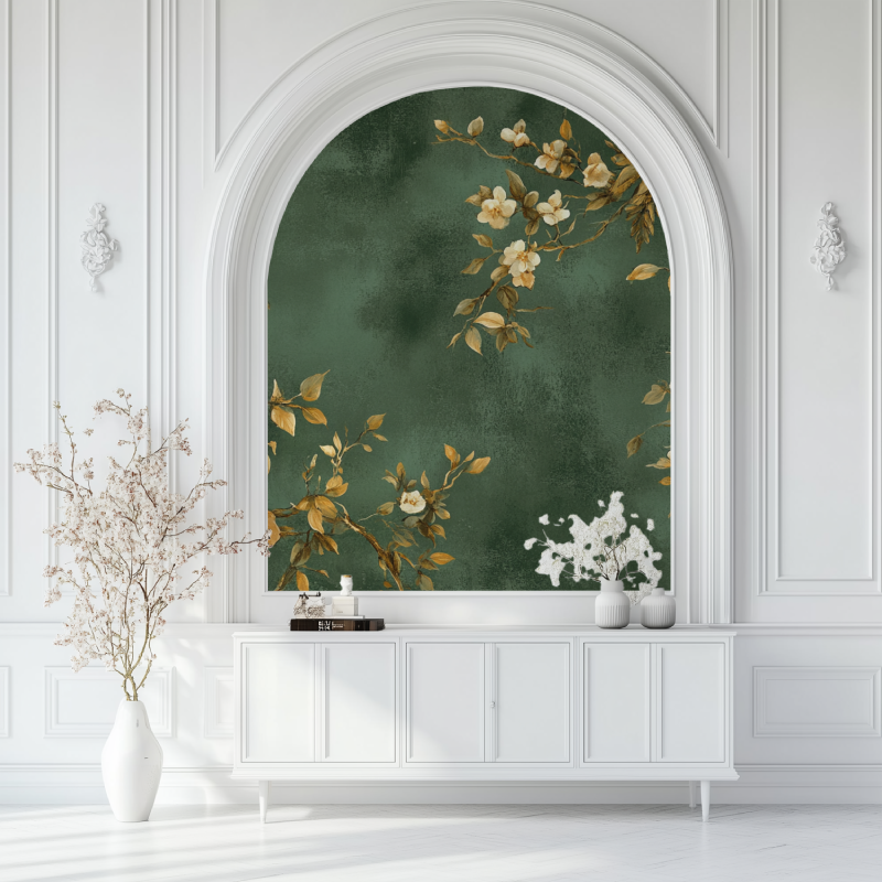 Papier peint vintage vert salon blanc