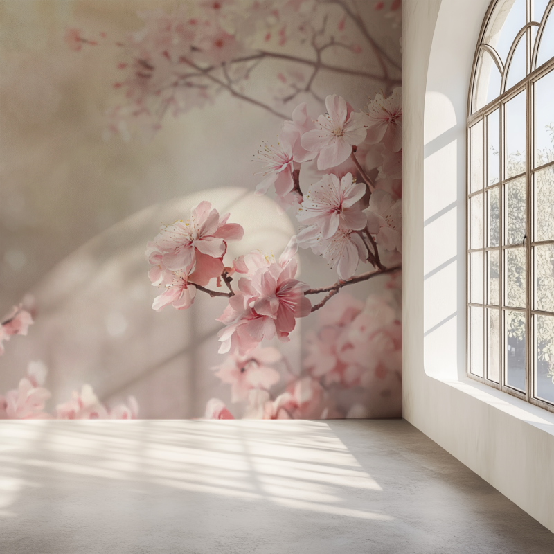 Papier peint arbre fleuri mur simple