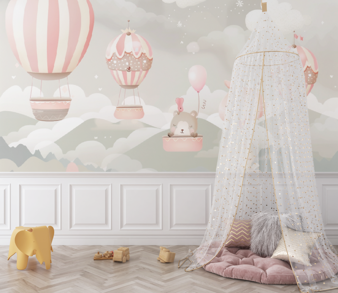 Papier peint Montgolfières et nuages rose bébé - bebe unisexe
