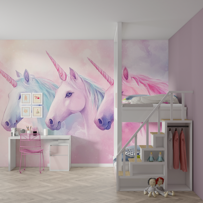 Papier peint licorne trio feerique mur chambre fille
