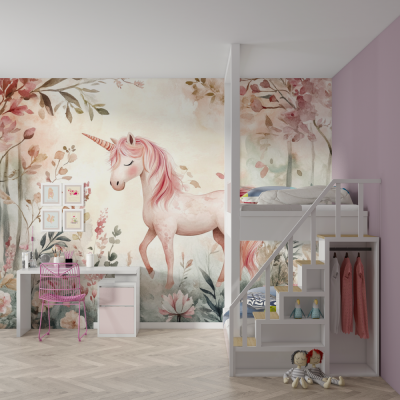 Papier peint licorne foret ball...ret rose mur chambre fille