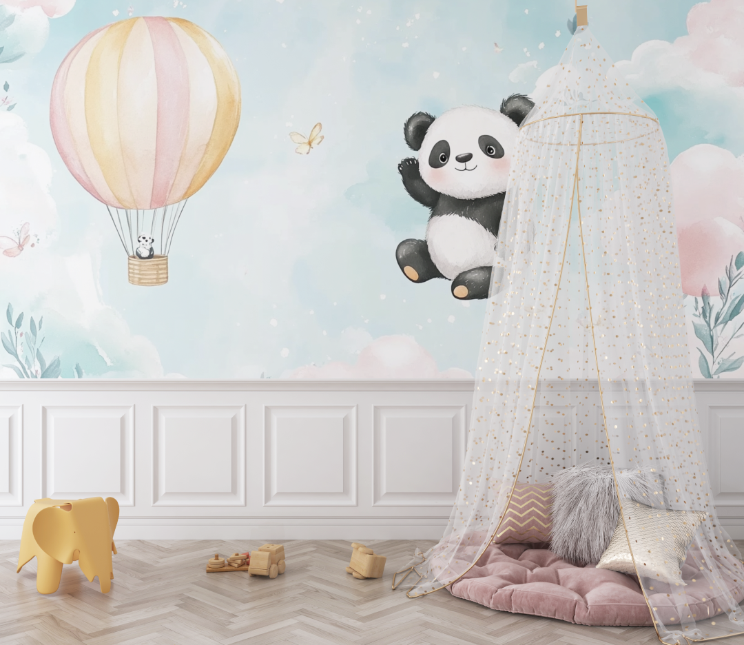 Papier peint panda et montgolfiere bebe