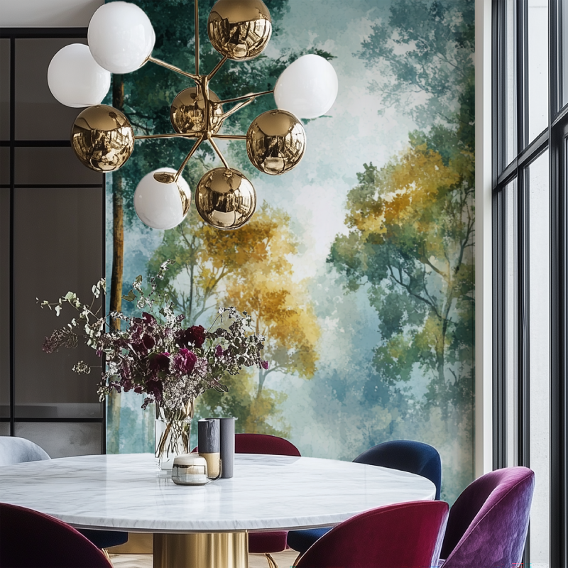 Papier peint arbre foret salon chaise