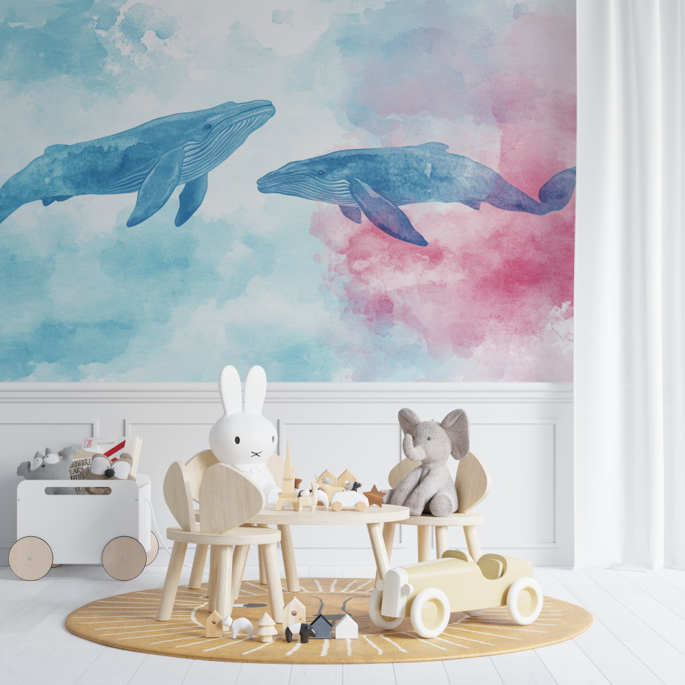 Papier peint baleine pastel chambre de bebe