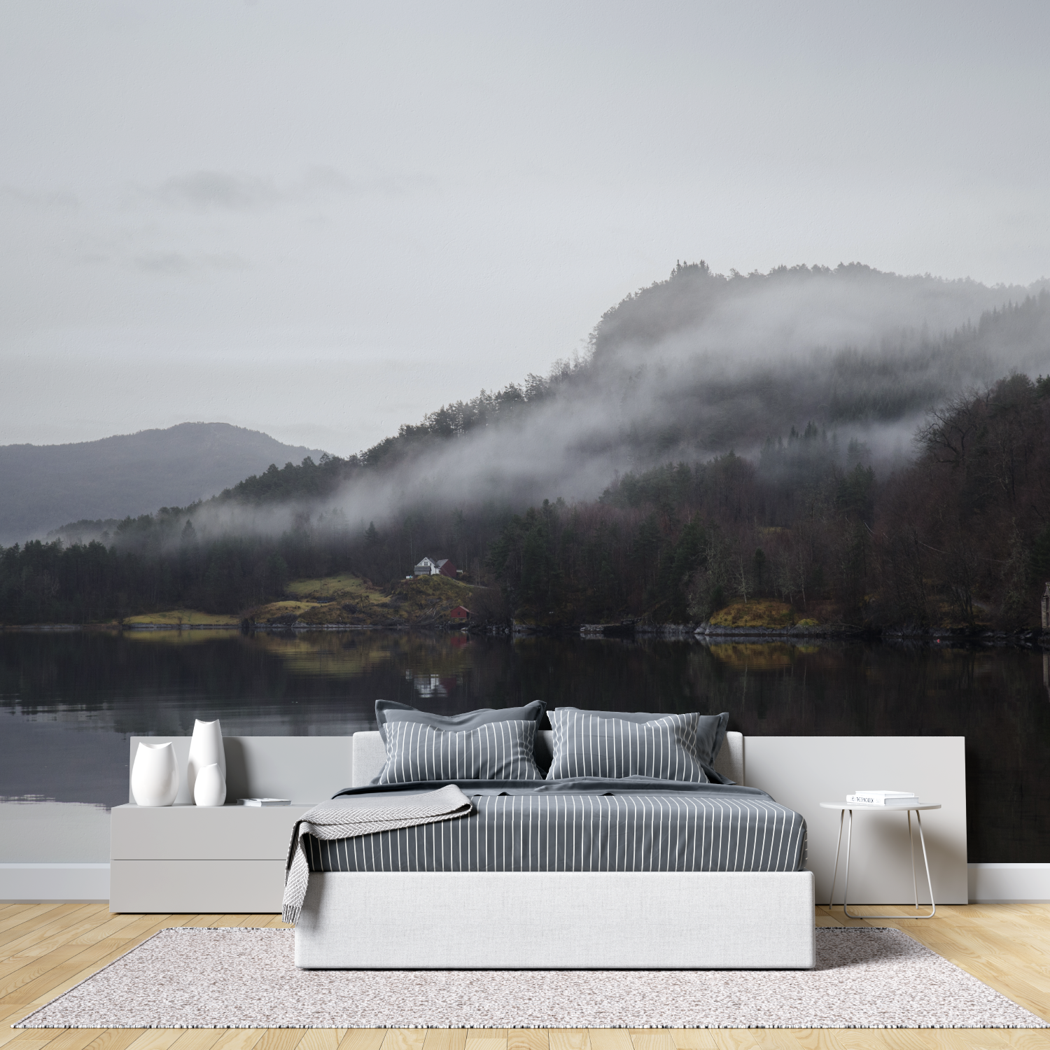 Papier peint aquarelle lac tete de lit