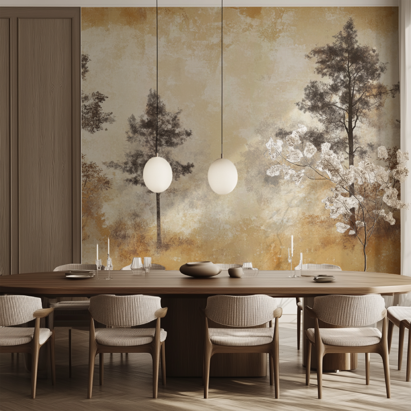 Papier peint arbre moutarde salle manger tendance