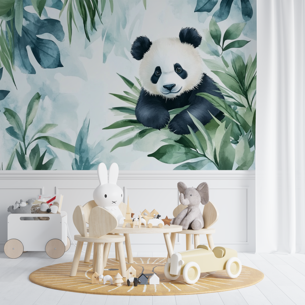 Papier peint panda et ambiance tropicale chambre de bebe