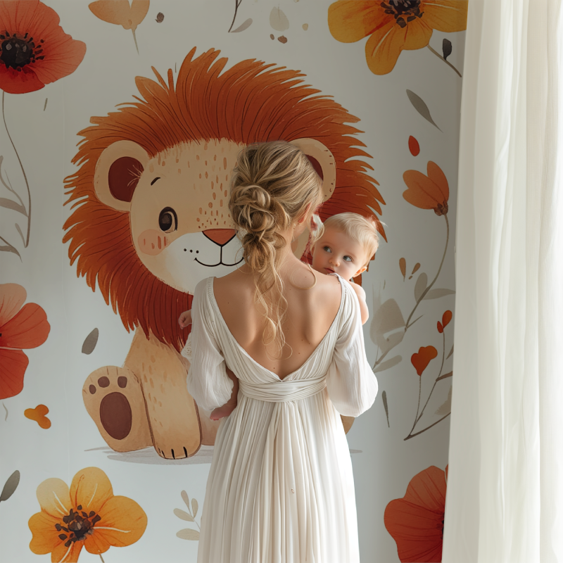 Papier peint lion et fleurs sauvages bb123