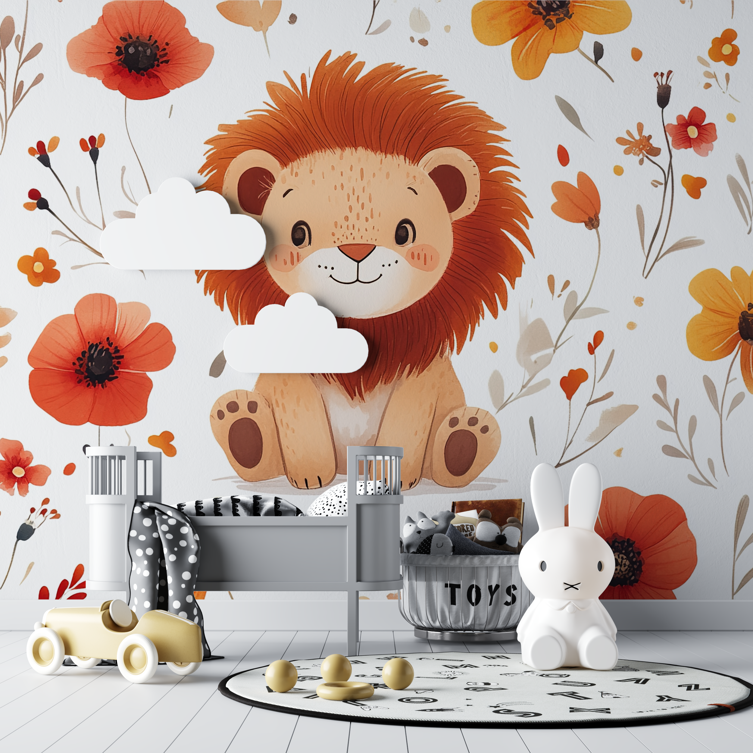 Papier peint lion et fleurs sauvages bebe tipi