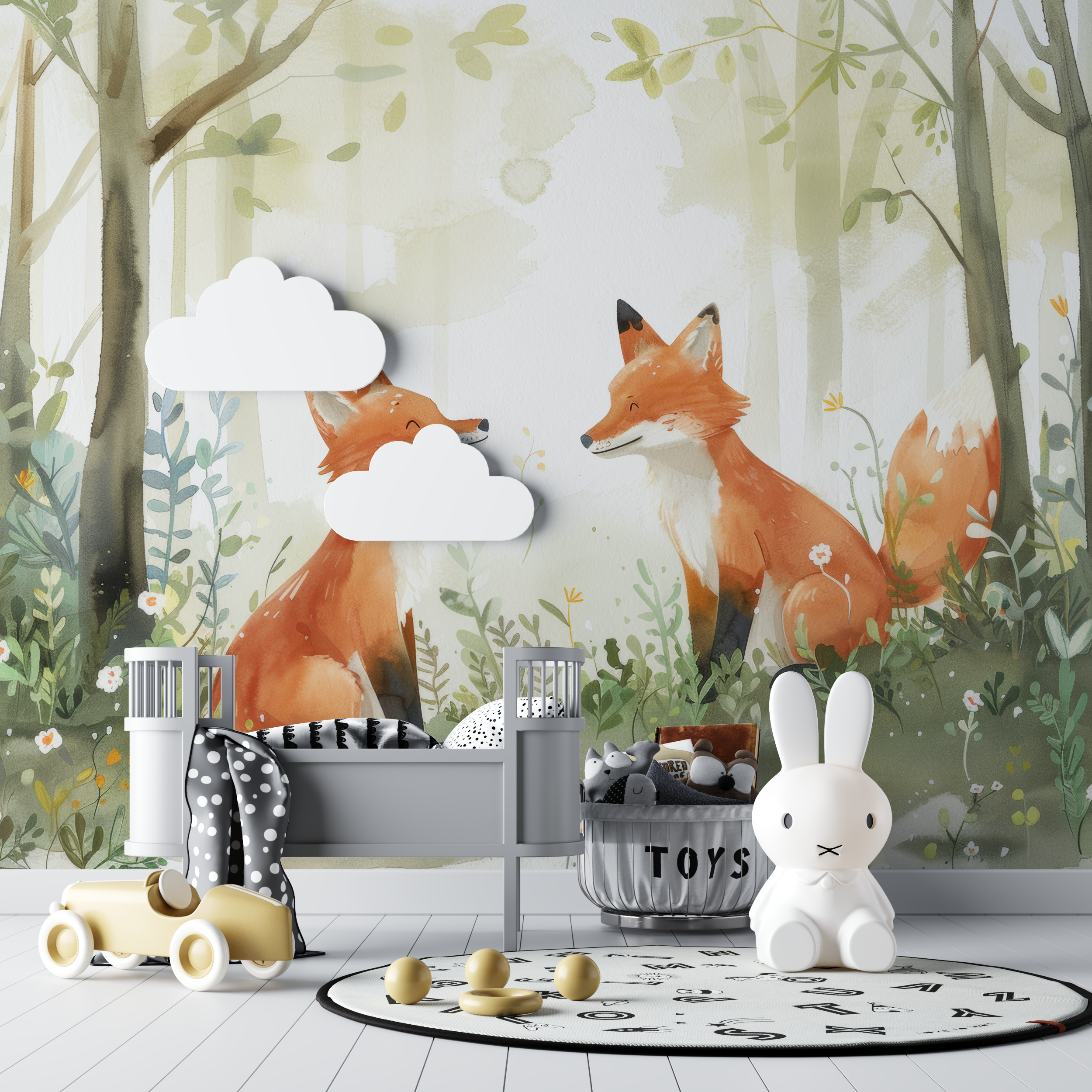 Papier peint renard foret vert bebe tipi