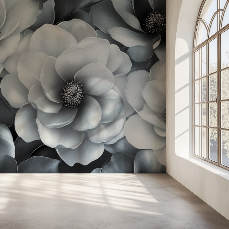 Papier peint fleur gris anthracite noir mur simple