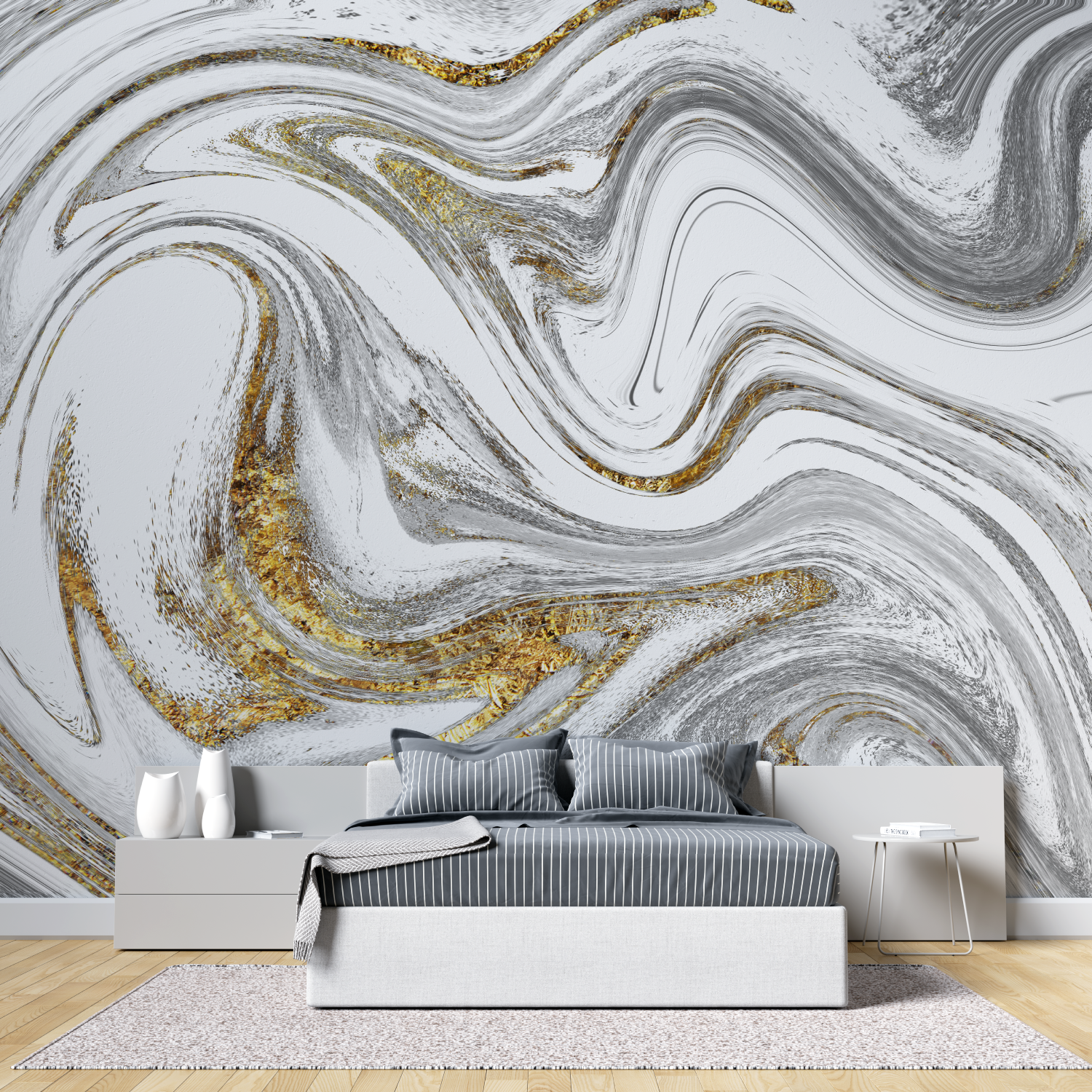 Papier Peint Fluide Gris Et Doré - tete de lit