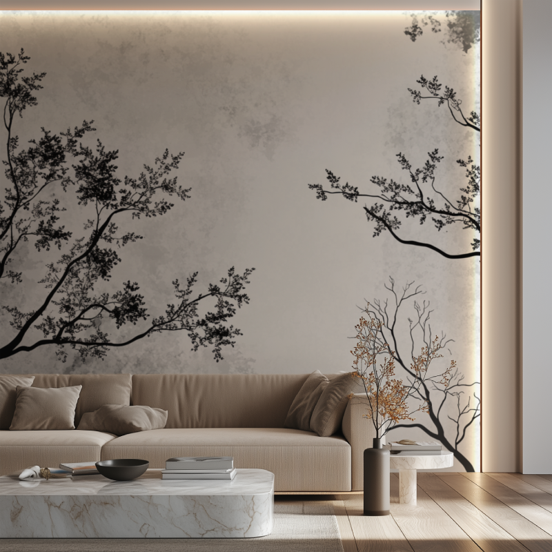 Papier peint arbre noir et blanc couloir canape neon