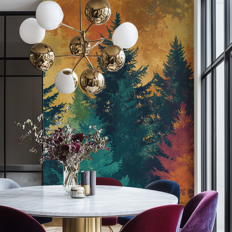 Papier peint arbre colore salon chaise