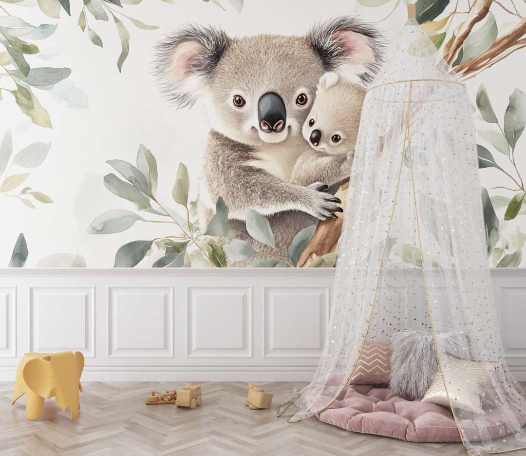 Papier peint koala blotti contre sa maman bebe